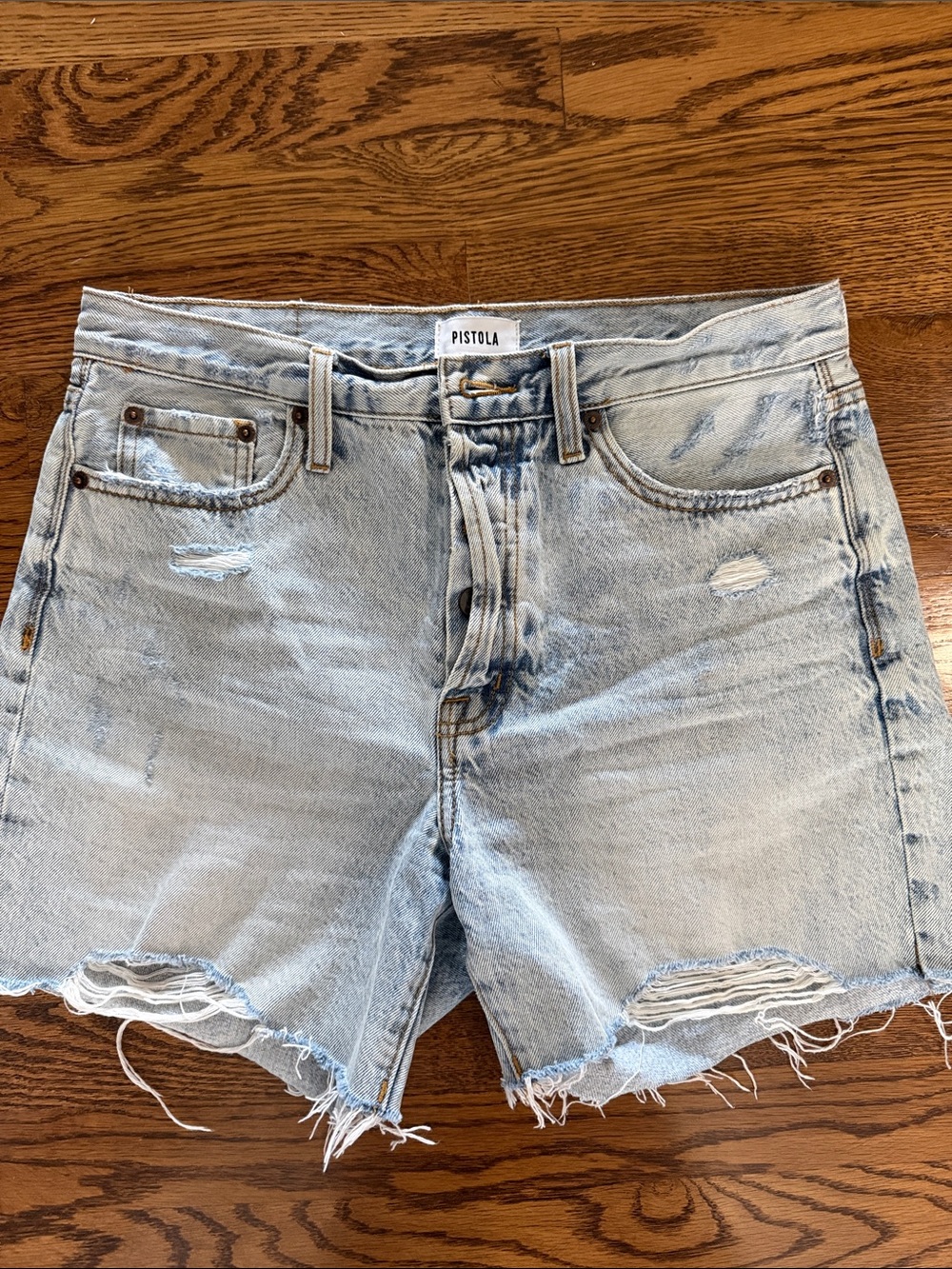 pistola Distressed Light Blue High-Rise Denim Shorts
